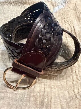 Amanda Smith - Woven Leather Belt in Dark Brown with Gold Buckle - 40”
